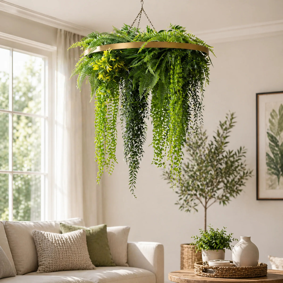 Gold circular hanging plant chandelier with realistic draping ferns and trailing greenery displayed in a bright modern living room with soft daylight and neutral decor.