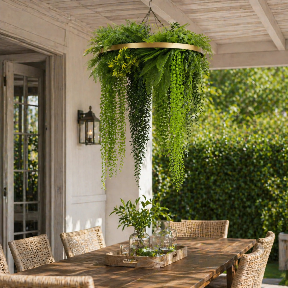 Gold framed artificial hanging plant chandelier with cascading fern foliage hanging above an outdoor patio dining area with wicker furniture and natural sunlight.