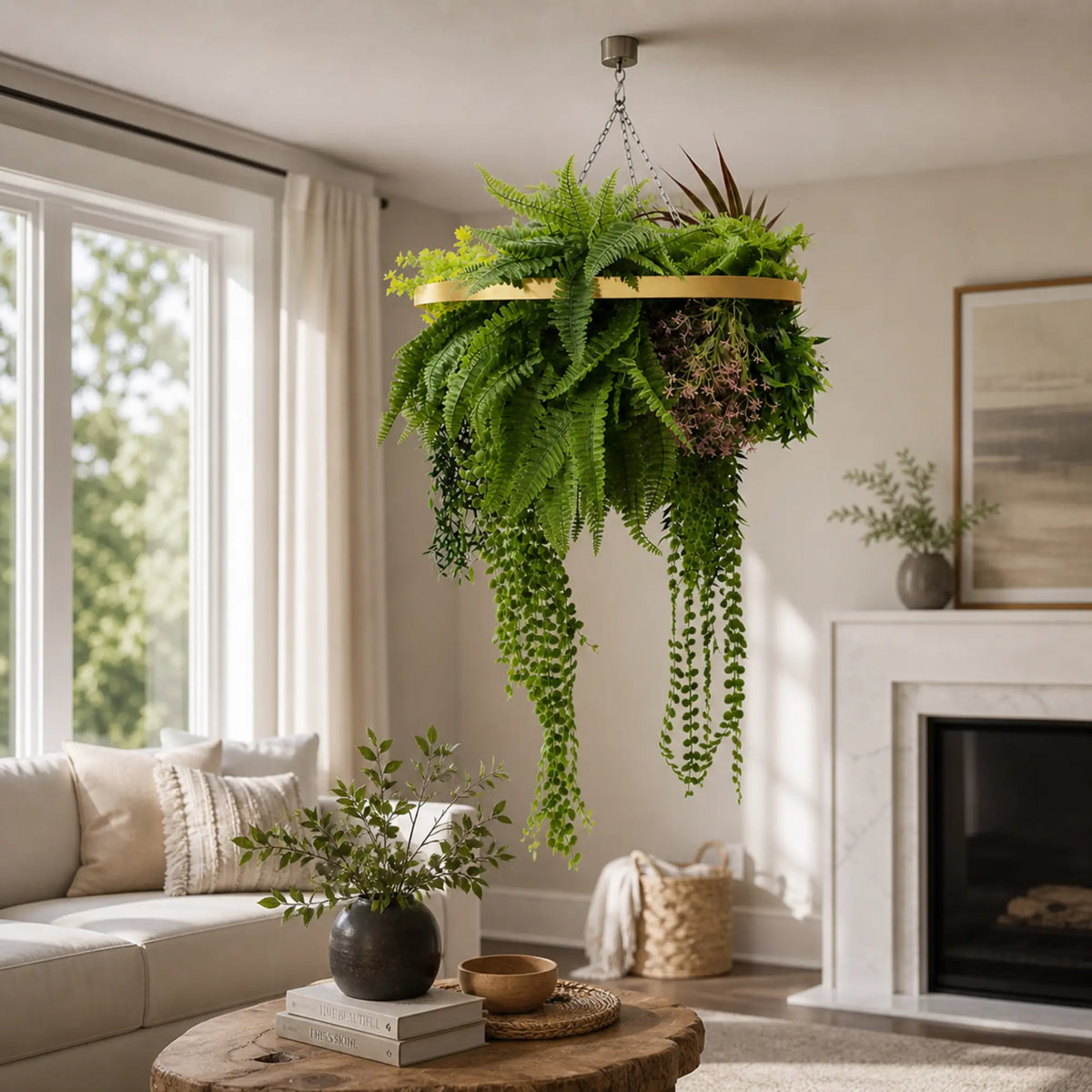 Gold circular hanging plant chandelier with tropical foliage and cascading greenery displayed in a bright modern living room with natural sunlight and neutral interior decor.