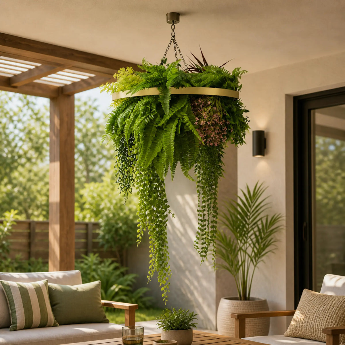 UV resistant gold framed hanging plant chandelier with tropical greenery and trailing foliage suspended above a stylish outdoor patio seating area with warm natural lighting.