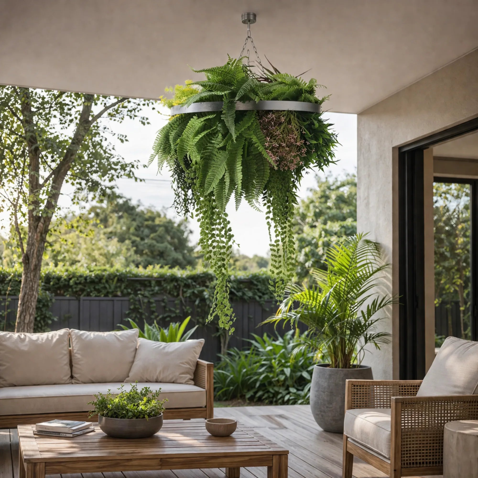 UV resistant silver framed hanging plant chandelier with tropical foliage and draping greenery suspended above a contemporary outdoor patio seating area surrounded by lush garden plants.