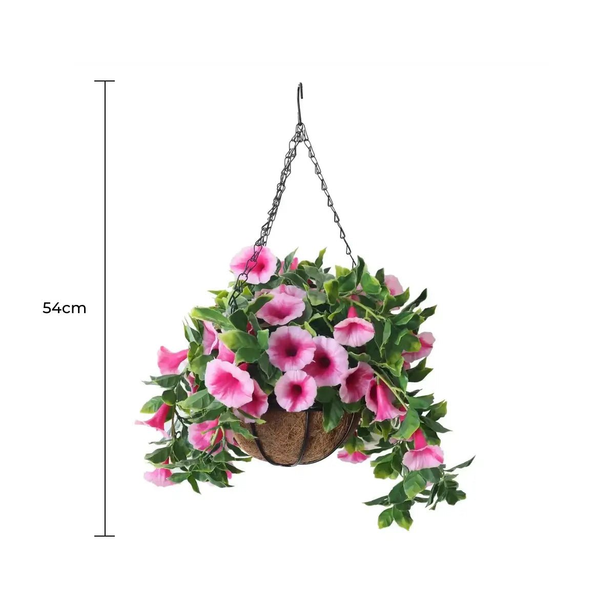 Artificial petunia hanging basket styled in an outdoor setting