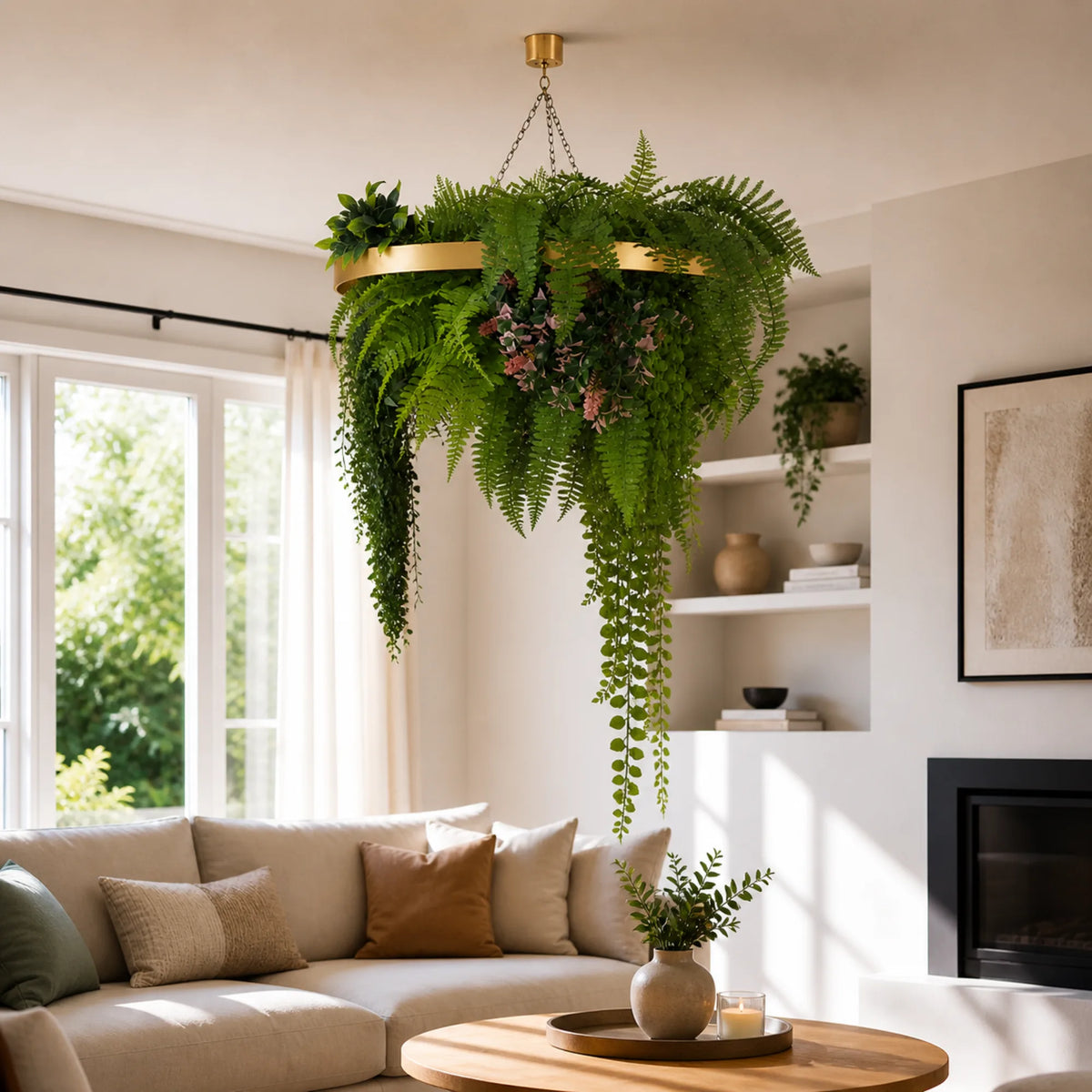 Gold framed UV resistant artificial hanging plant disc with lush trailing ferns displayed above a contemporary living room with neutral décor.