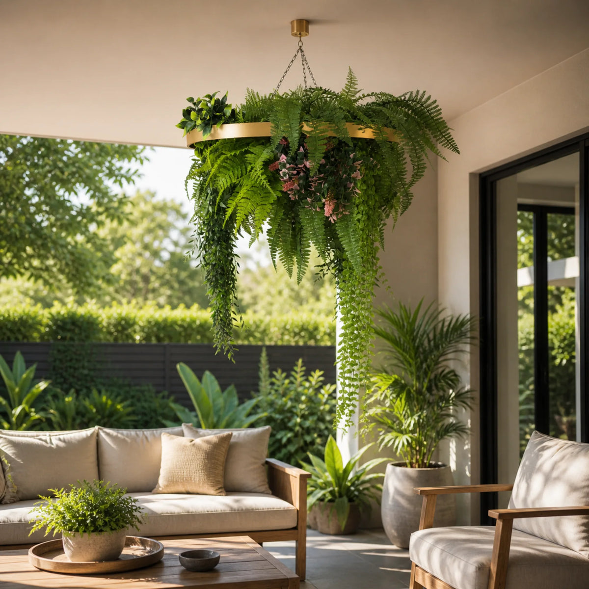 Outdoor patio styled with a gold framed artificial hanging disc featuring draping life-like ferns and trailing greenery in a modern alfresco setting.