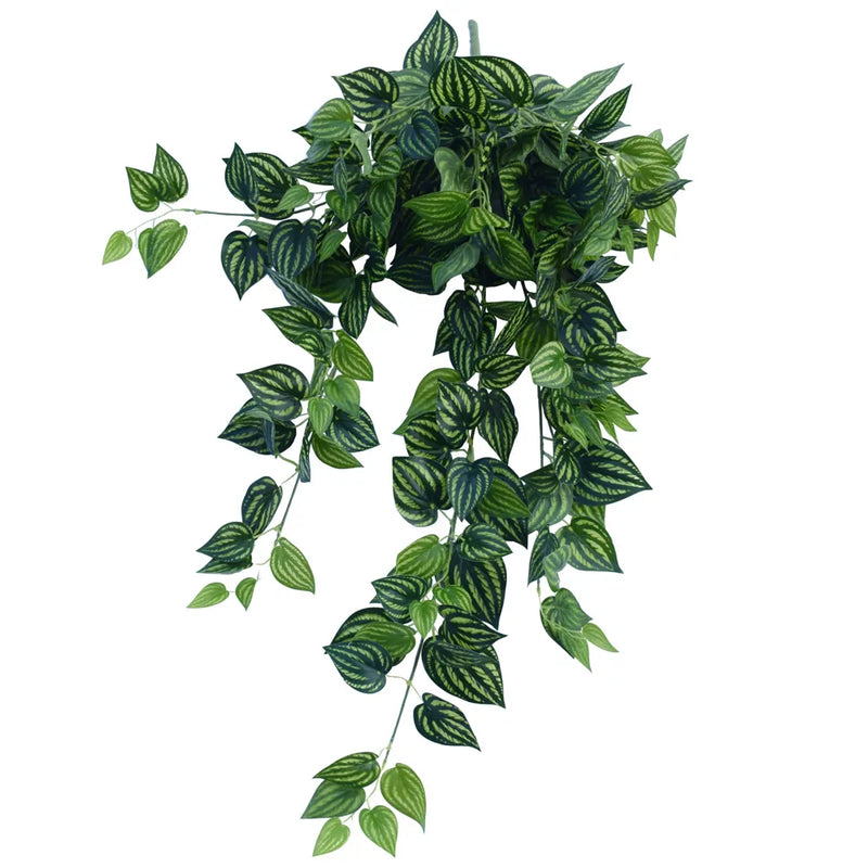 Full view of artificial hanging plant with realistic watermelon peperomia leaves, perfect for event or home decor