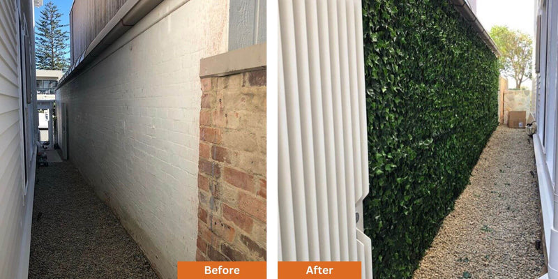 Artificial Boston Ivy Panel Before and After Green Wall on a Brick Fence