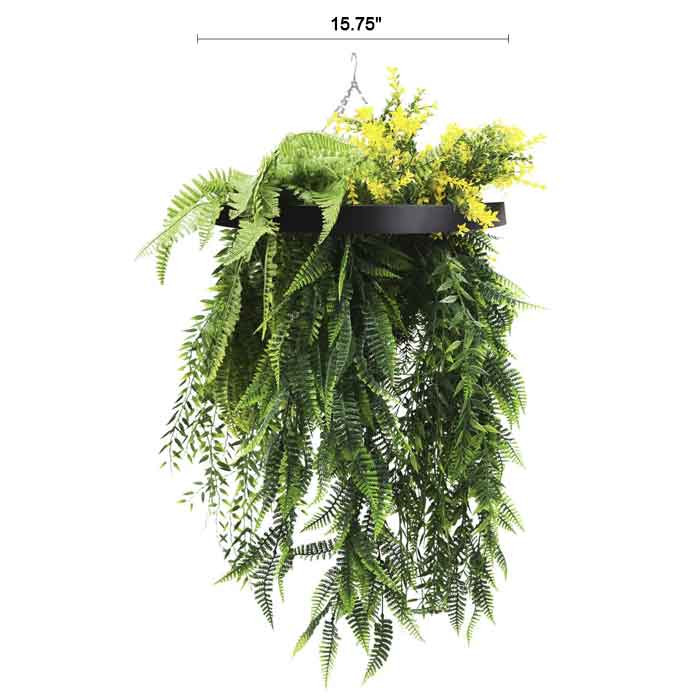 Black Framed Hanging Disc with Bright Tropical Foliage and Draping Ferns  15.75-inch UV Resistant