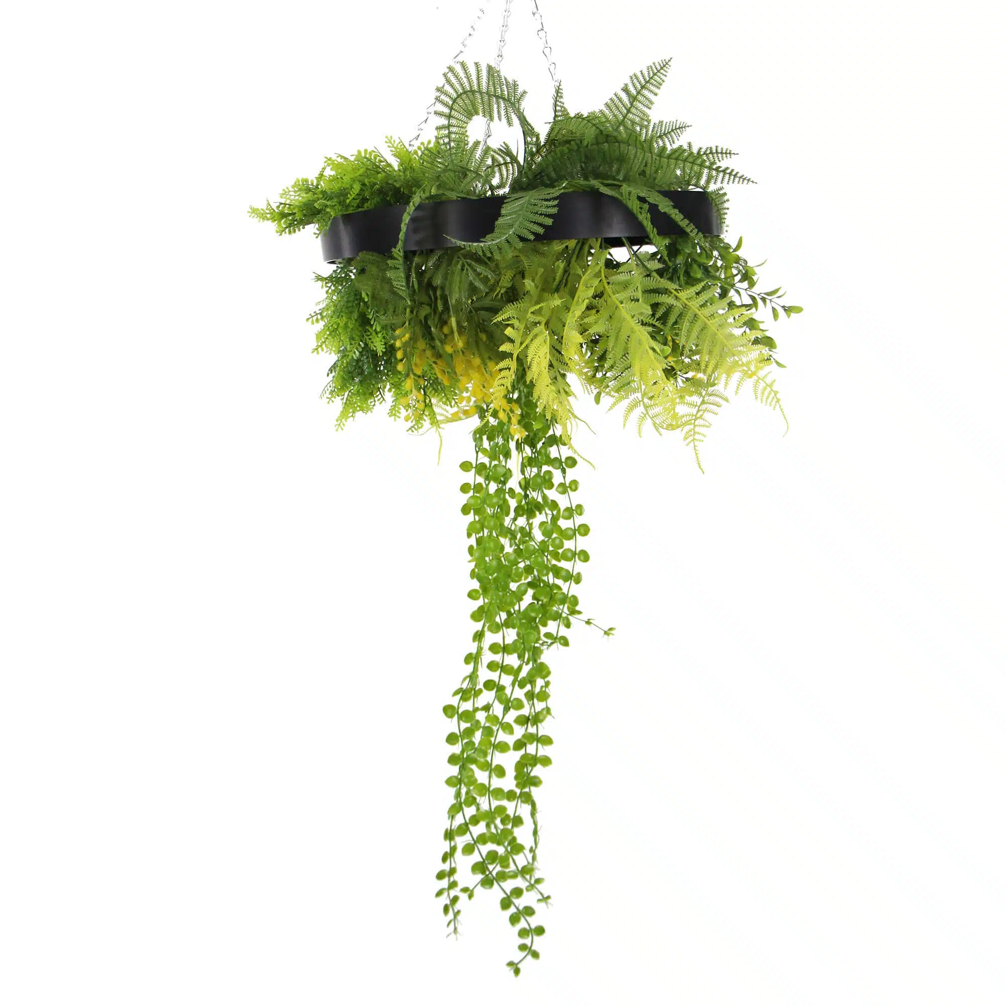 Black Framed Roof Hanging Disc With Draping Faux Plants 15.5