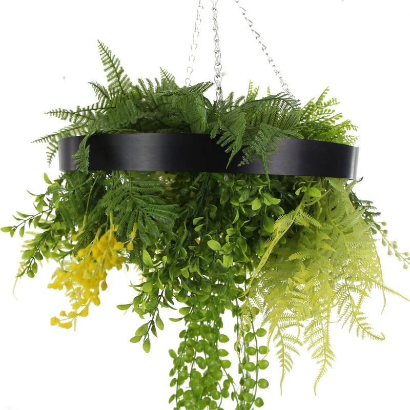 Black Framed Roof Hanging Disc With Draping Faux Plants 15.5"