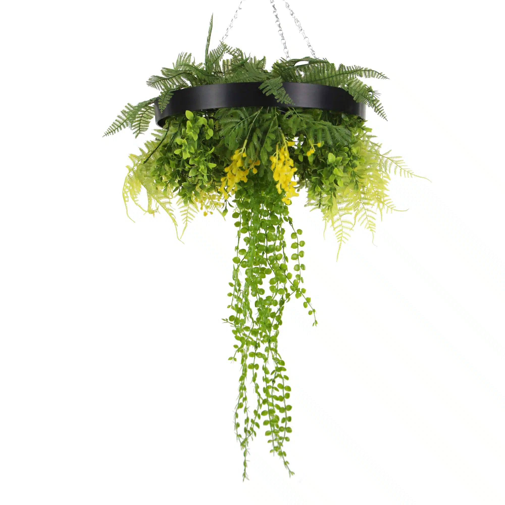 black hanging plants Black Framed Roof Hanging Disc With Draping Faux Plants 15.5"