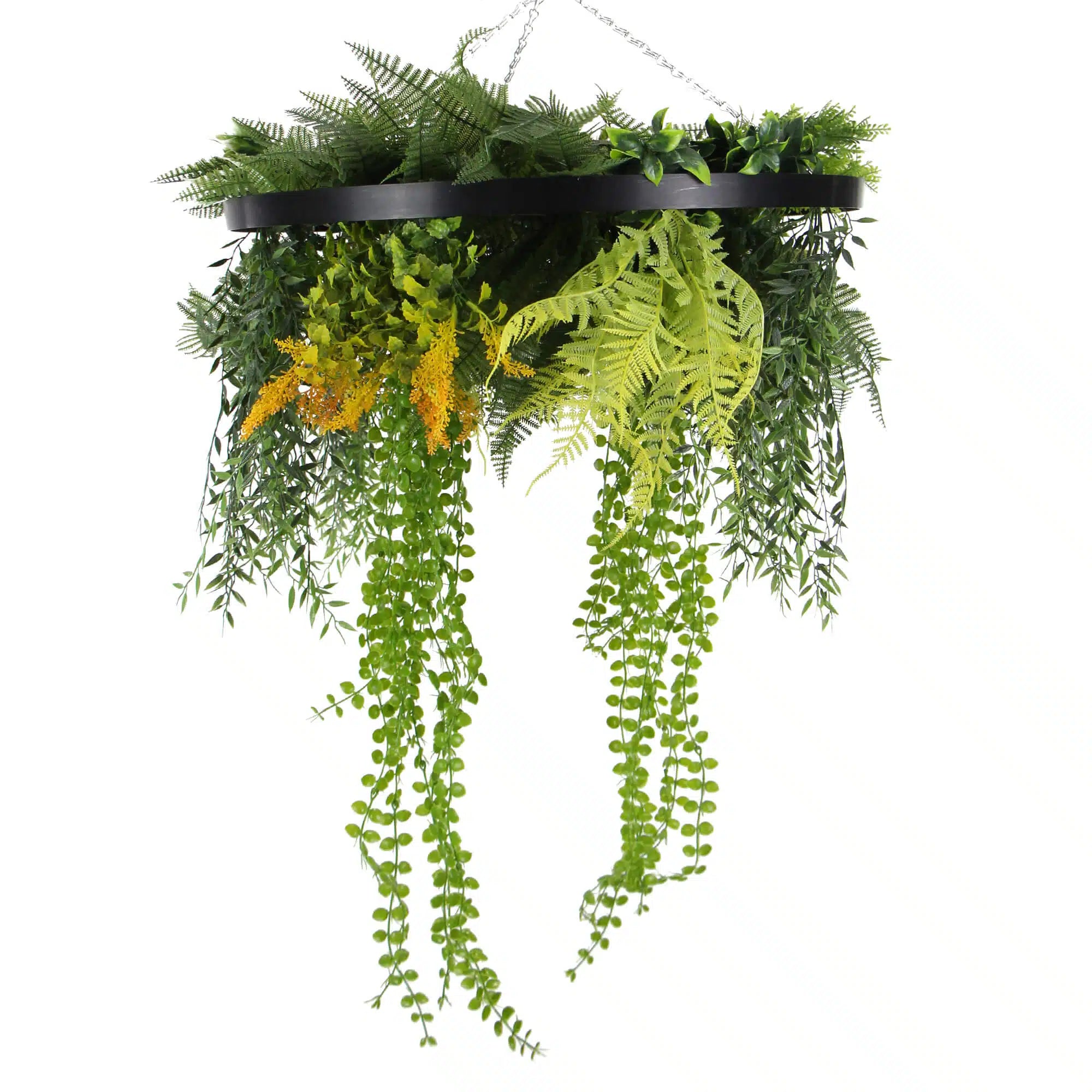 Black Framed Roof Hanging Disc With Draping Faux Plants 24