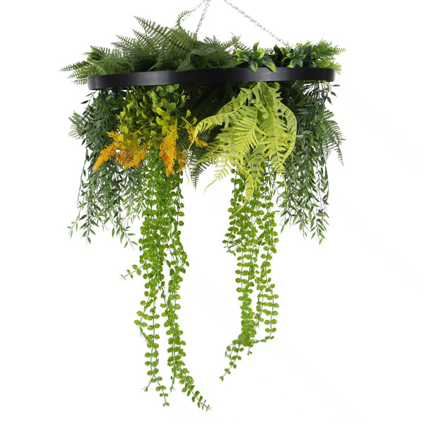 Black Framed Roof Hanging Disc With Draping Faux Plants 24"