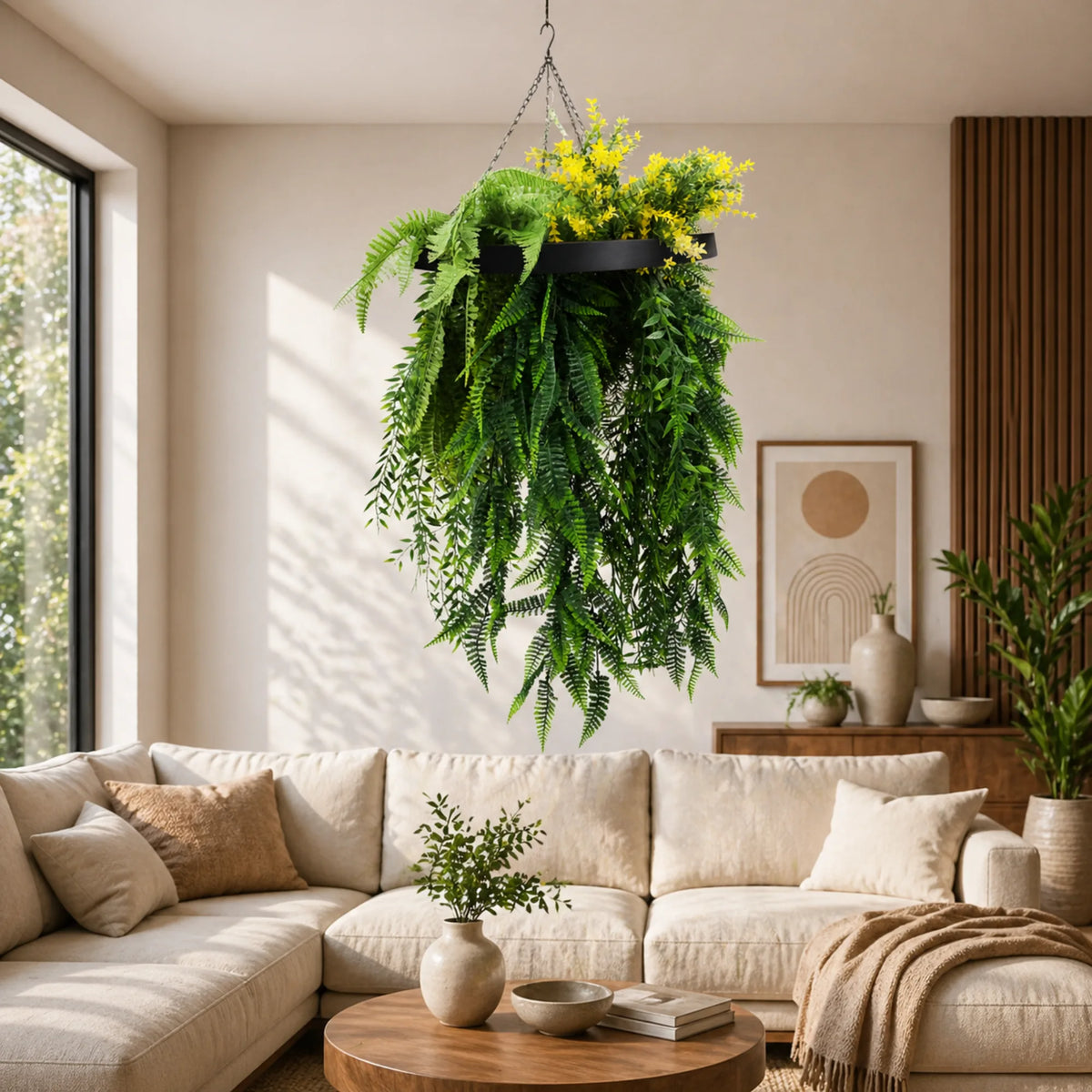 Artificial hanging plant disc with lush tropical greenery and draping ferns suspended above a modern living room, featuring a black frame and UV resistant foliage.