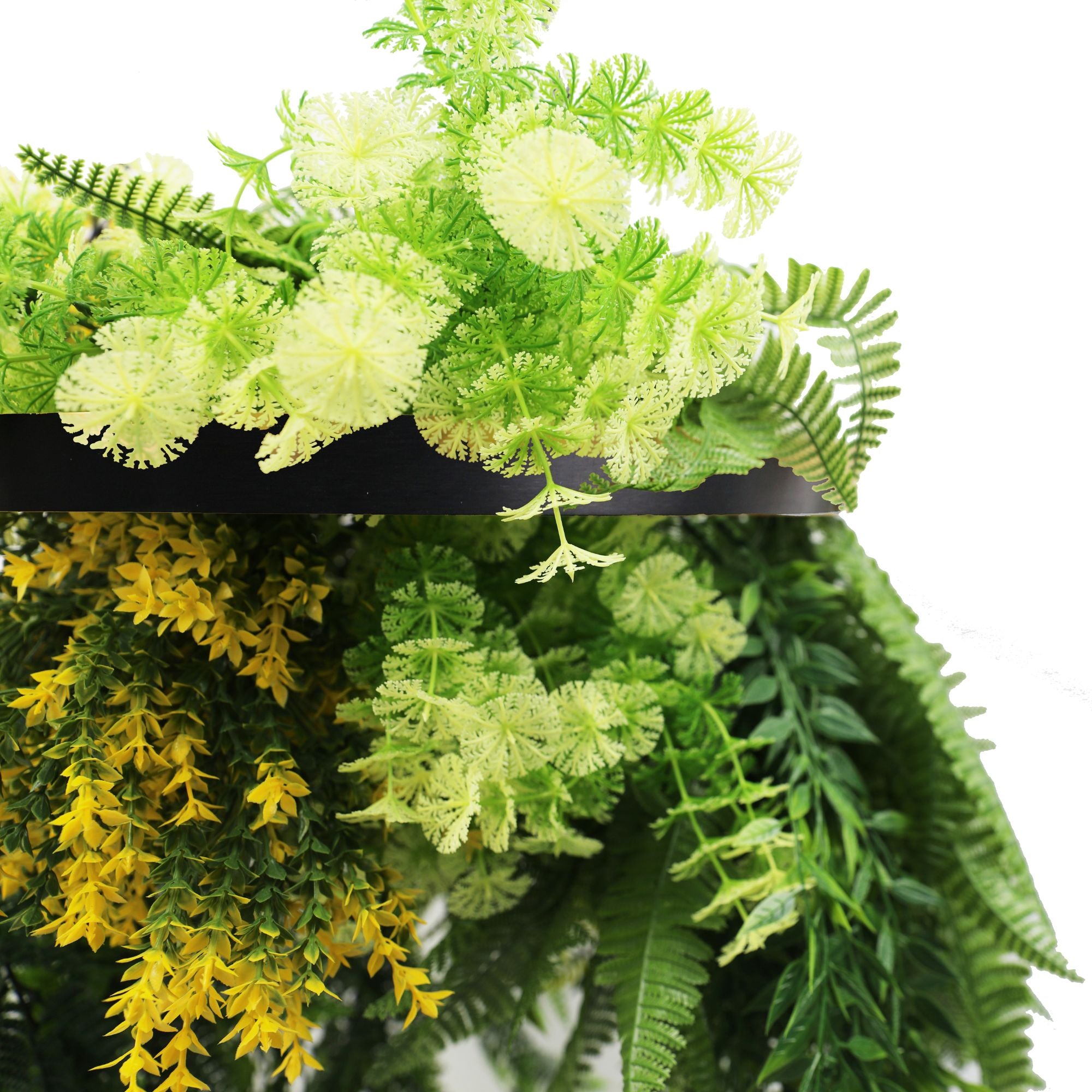 Black Framed Hanging Disc with Bright Tropical Foliage and Draping Ferns  15.75-inch UV Resistant