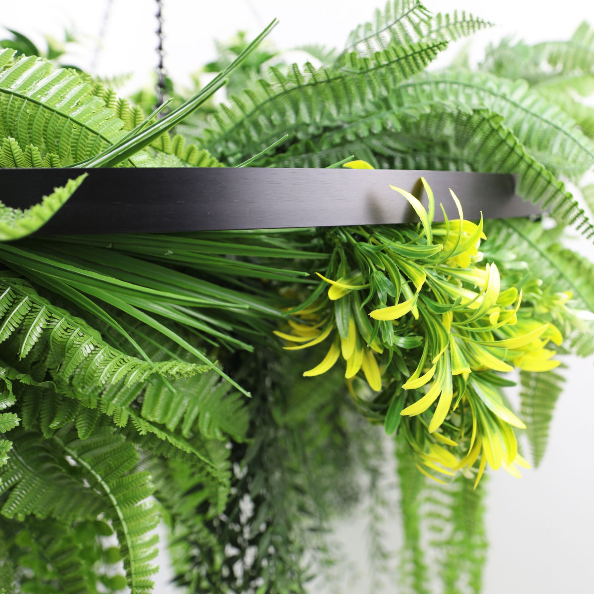 Artificial Hanging Plant Chandelier – Draping Fern Circular Ring (33in long) Black Frame – UV Resistant