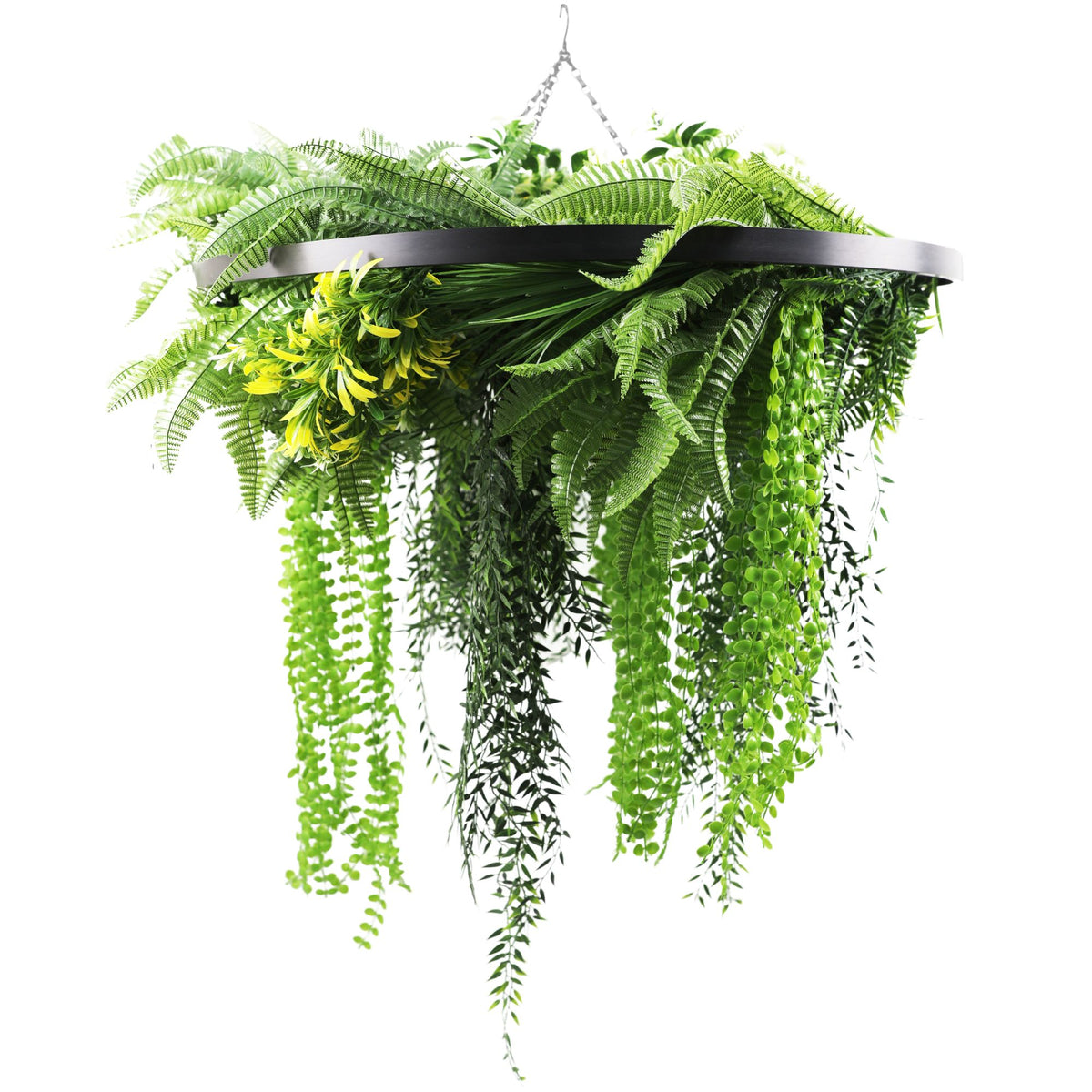 Artificial Hanging Plant Chandelier – Draping Fern Circular Ring (33in long) Black Frame – UV Resistant