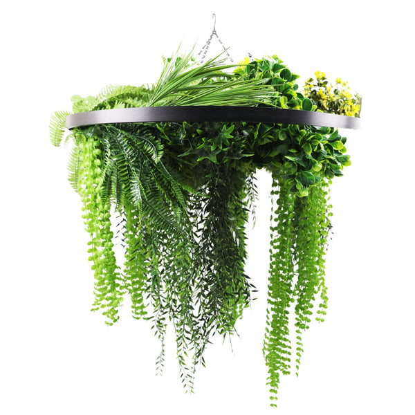 Black Framed Roof Hanging Disc With Draping Life-Like Ferns and Plants 31.5" UV Resistant