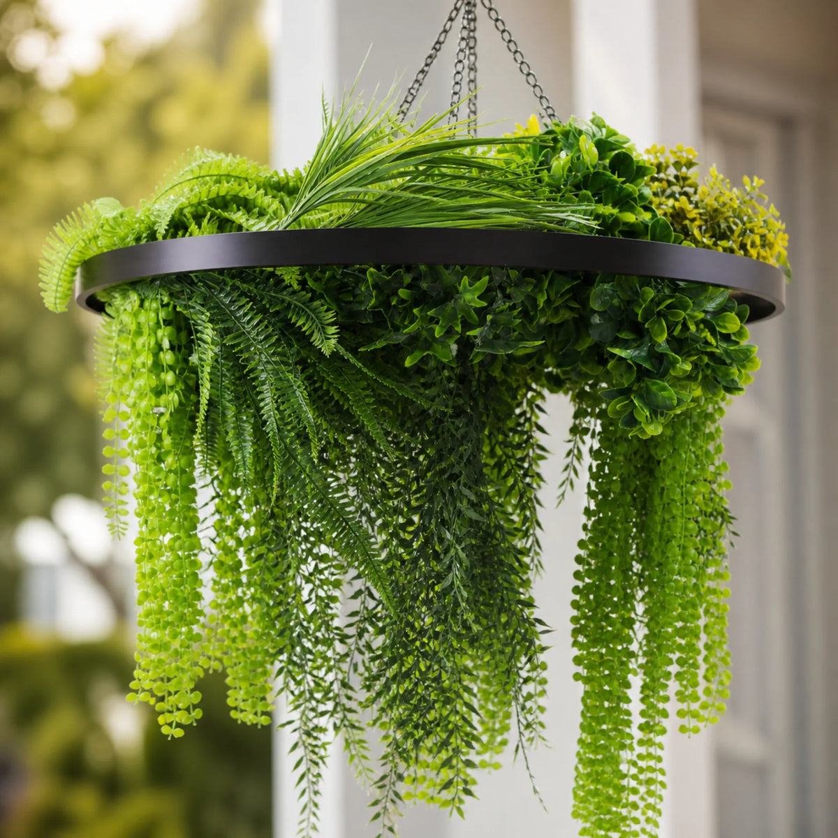 UV resistant hanging fern chandelier with life-like greenery and black metal frame