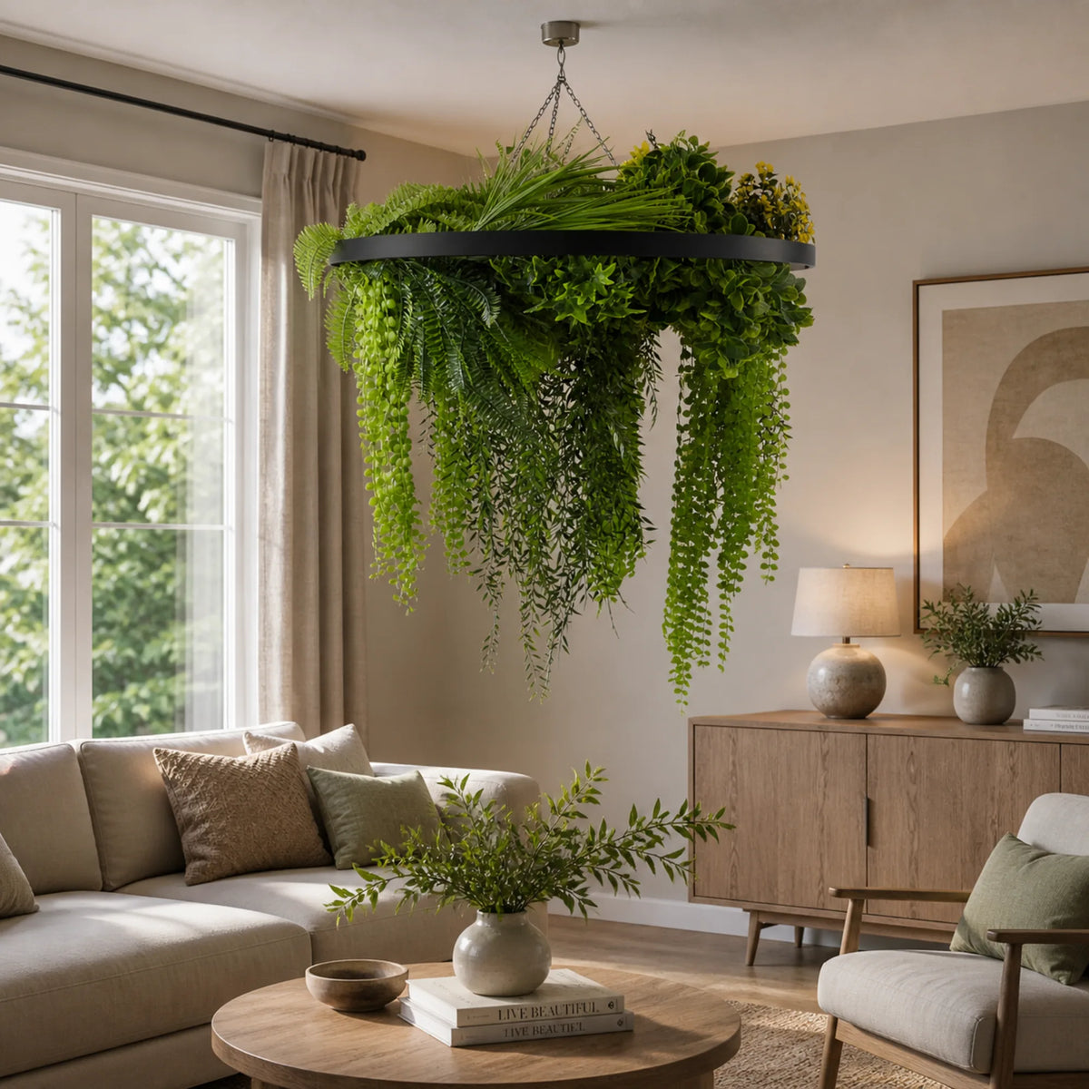 Artificial hanging plant disc with draping life-like greenery styled in contemporary lounge interior