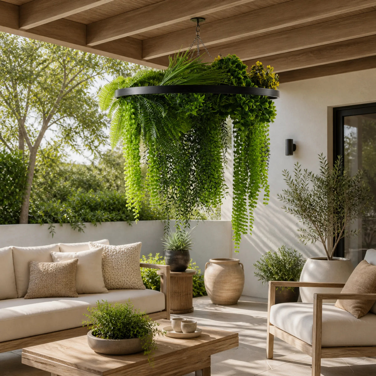 Outdoor artificial hanging plant chandelier with cascading fern greenery and black frame