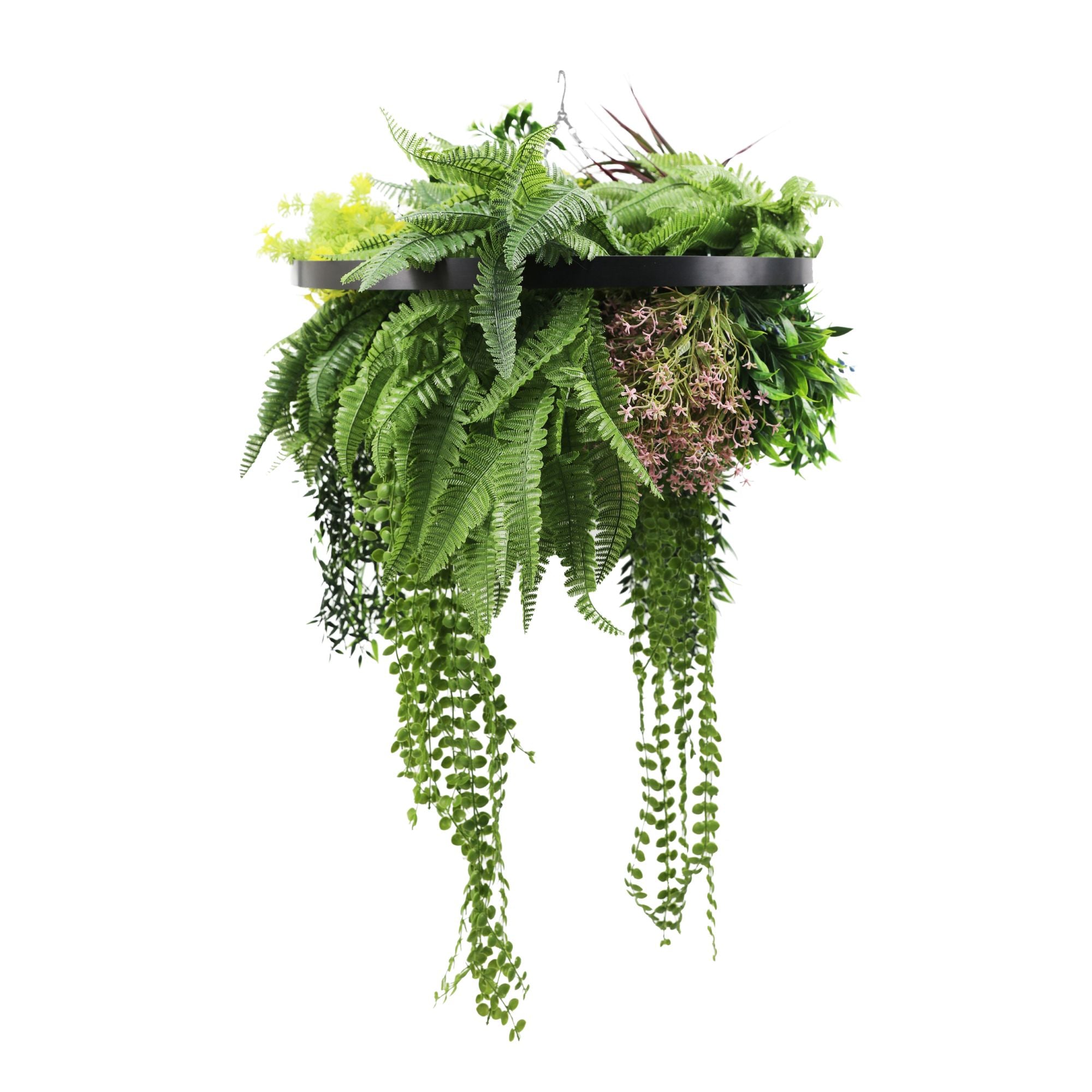 Black Framed Roof Hanging Disc With Tropical Foliage Mix and Draping Stems 23.5" UV Resistant