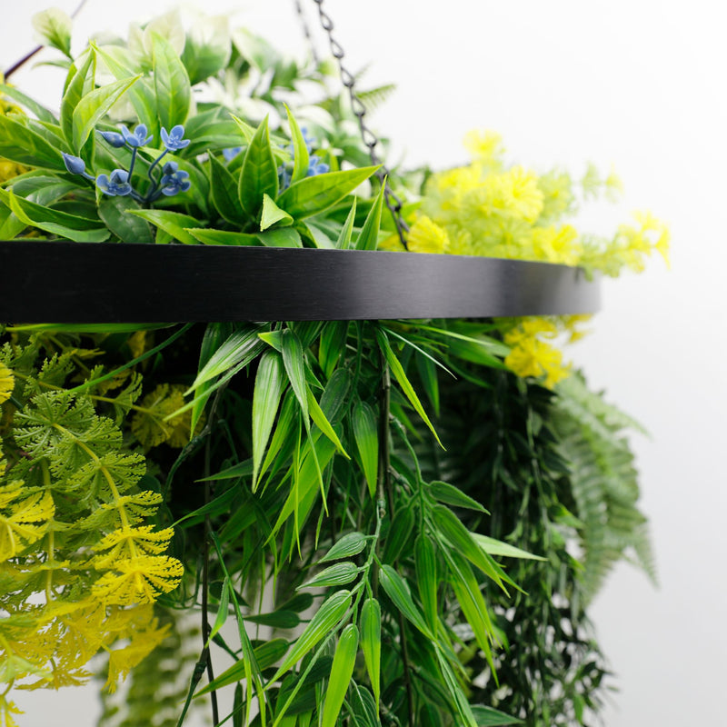 Black Framed Roof Hanging Disc With Tropical Foliage Mix and Draping Stems 23.5" UV Resistant
