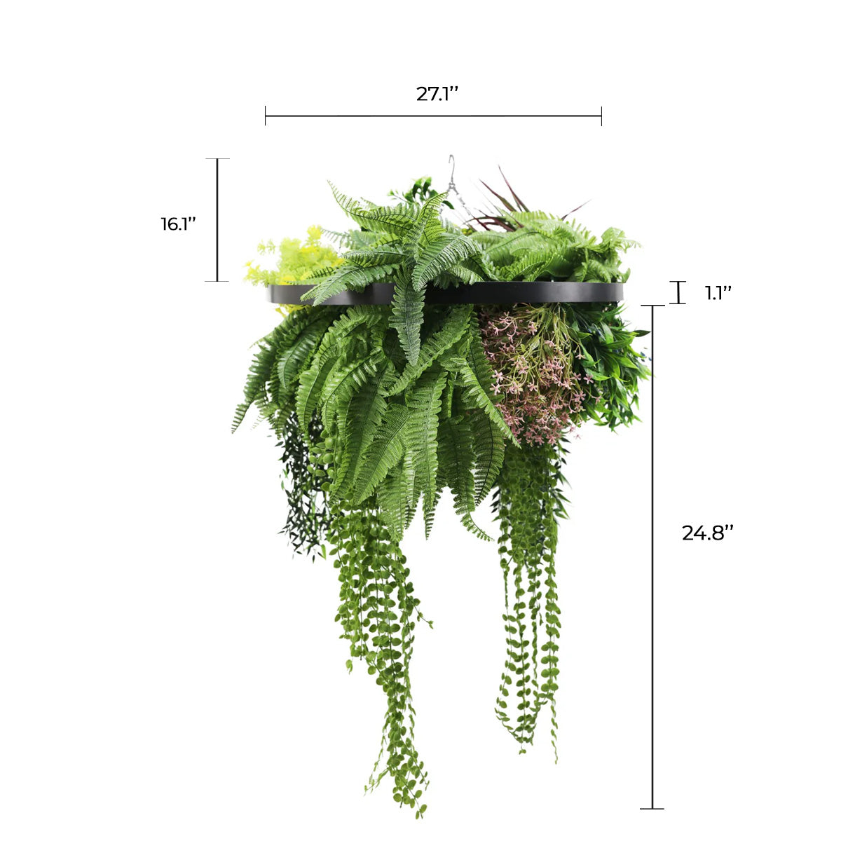 Black Framed Roof Hanging Disc With Tropical Foliage Mix and Draping Stems 23.5" UV Resistant