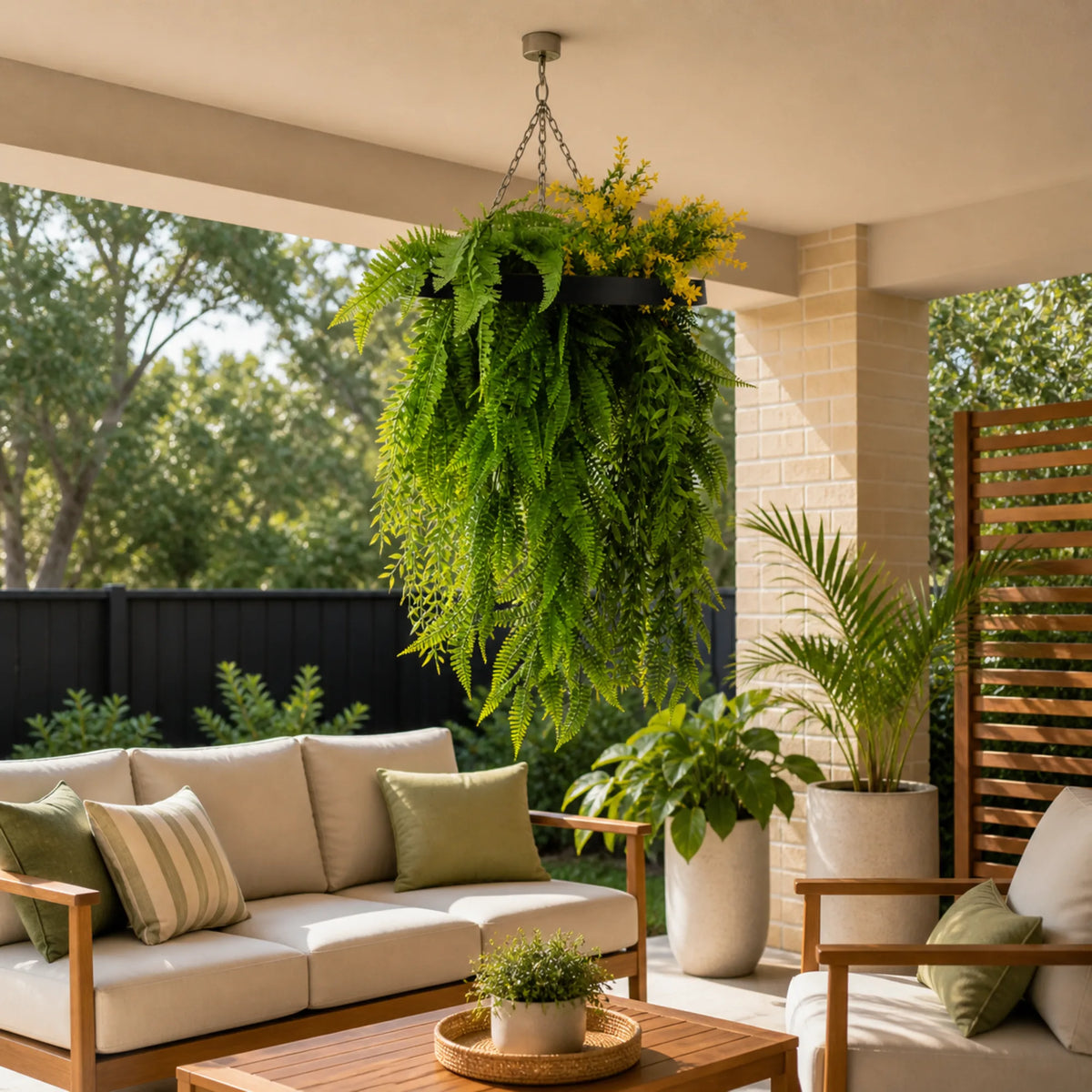 Black framed hanging disc with bright tropical foliage and cascading fern greenery displayed in a covered outdoor patio setting with UV resistant artificial plants.