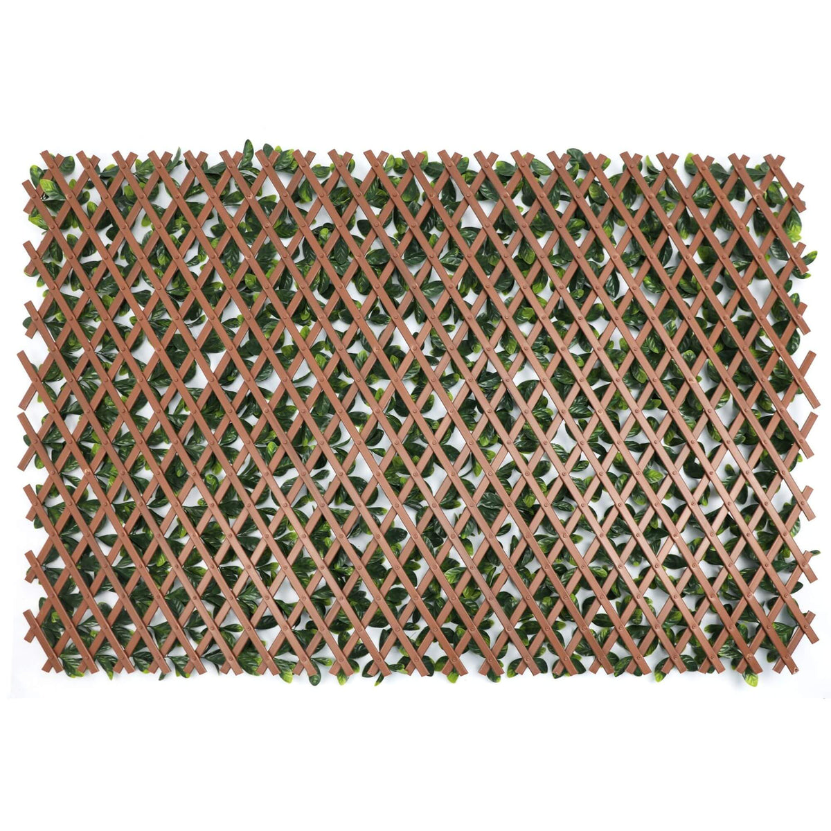 Expandable faux ficus leaf privacy fence with brown lattice and green leaves, UV resistant and adjustable size 72 x 36 inches.