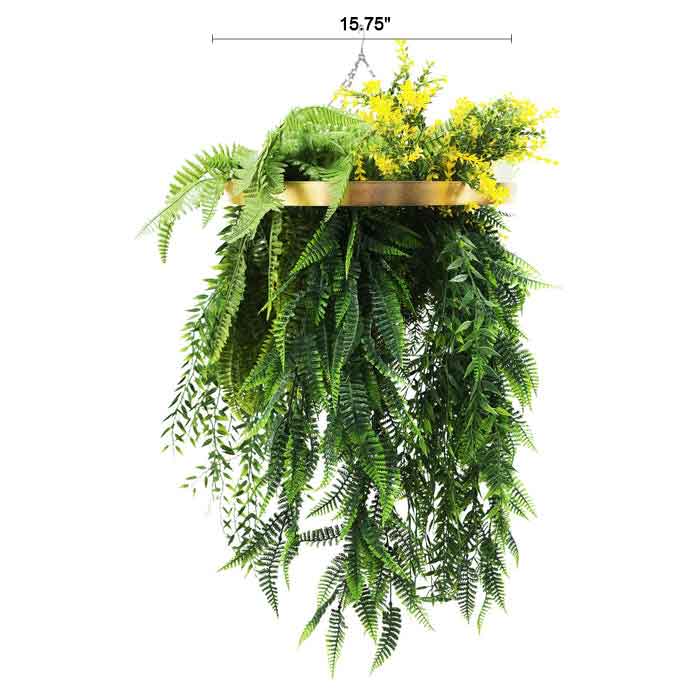 Gold Framed Roof Hanging Disc With Bright Tropical Folaige Mix and Draping Ferns 15.75" UV Resistant