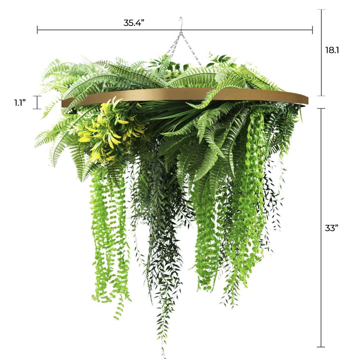 roof hanging plants Designer Plants USA Gold Framed Roof Hanging Disc With Draping Life-Like Ferns and Plants 31.5" UV Resistant in Green