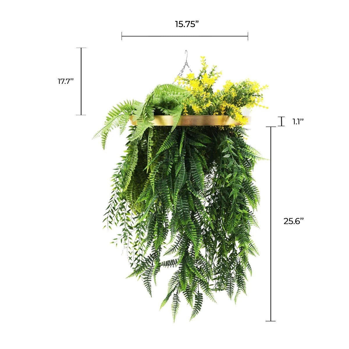 hanging plant chandelier Gold Framed Roof Hanging Disc With Bright Tropical Folaige Mix and Draping Ferns 15.75 inch UV Resistant, Green
