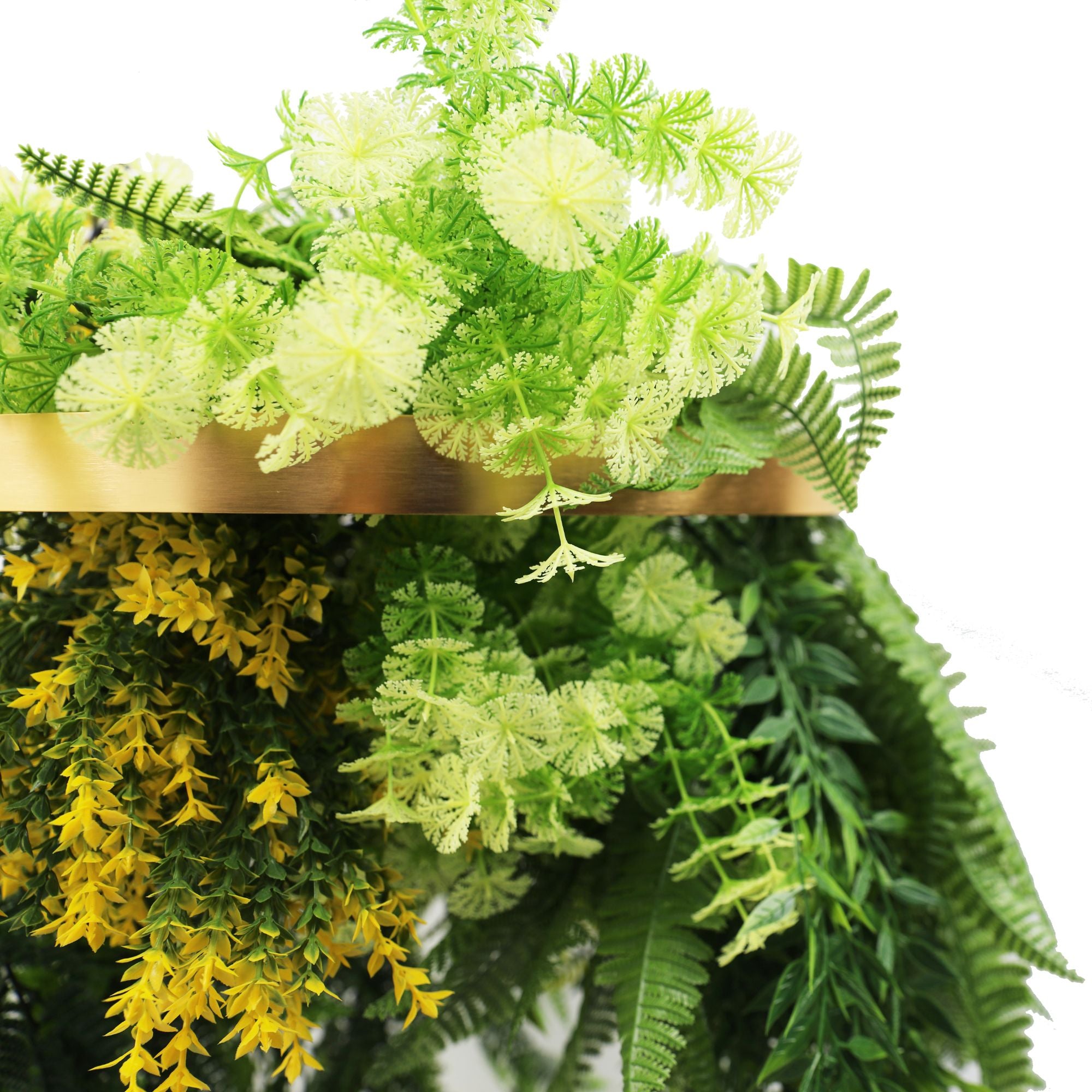 Gold Framed Roof Hanging Disc With Draping Life-Like Ferns and Plants 31.5" UV Resistant