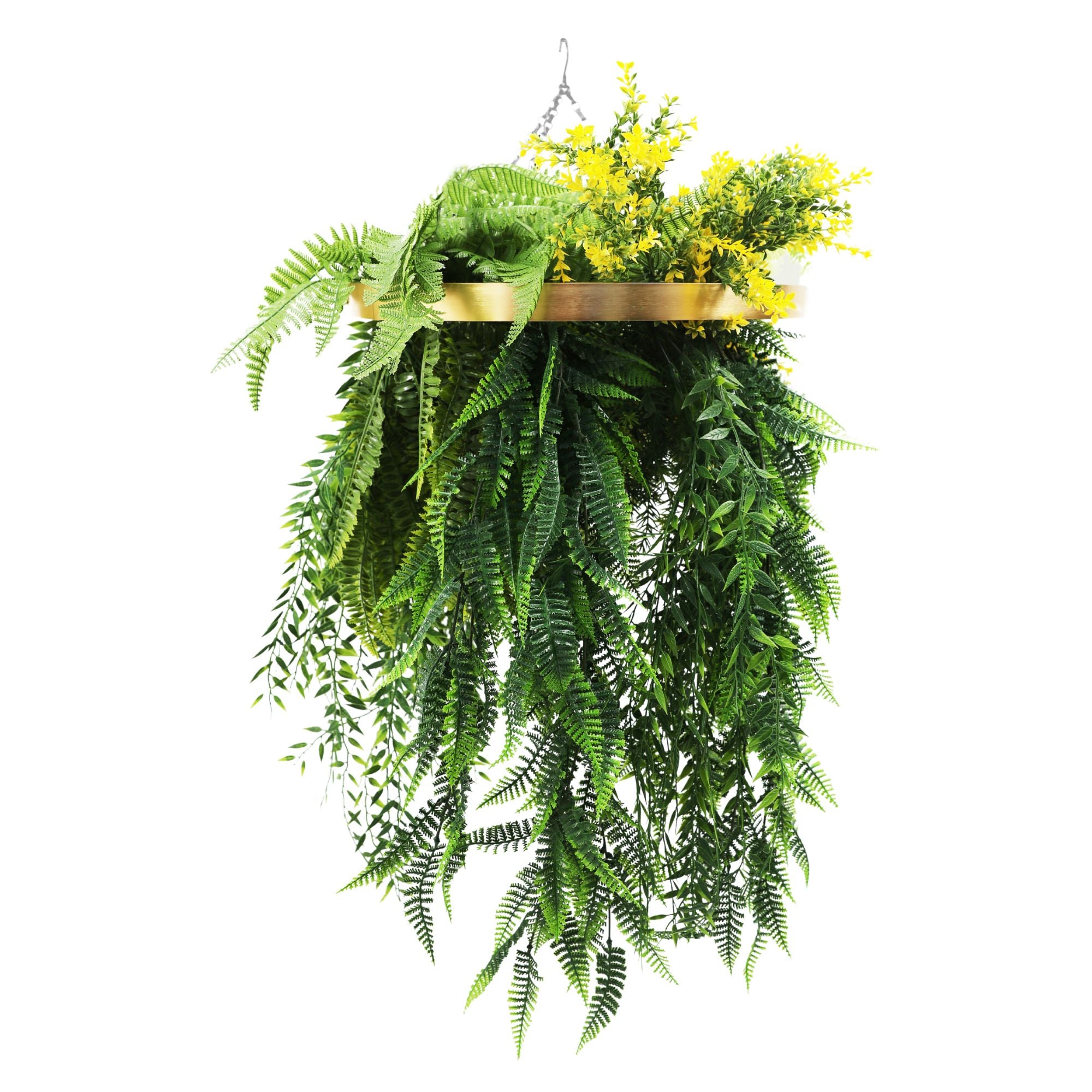 Gold Framed Roof Hanging Disc With Draping Life-Like Ferns and Plants 31.5" UV Resistant