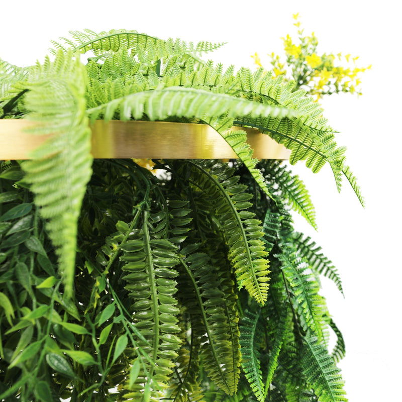 Gold Framed Roof Hanging Disc With Bright Tropical Folaige Mix and Draping Ferns 15.75" UV Resistant