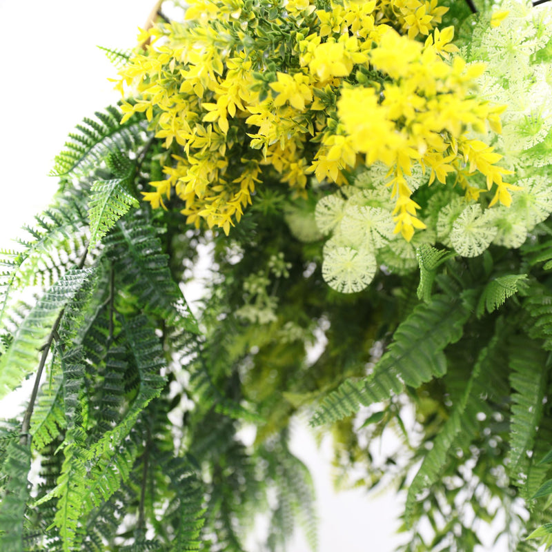 Gold Framed Roof Hanging Disc With Bright Tropical Folaige Mix and Draping Ferns 15.75" UV Resistant