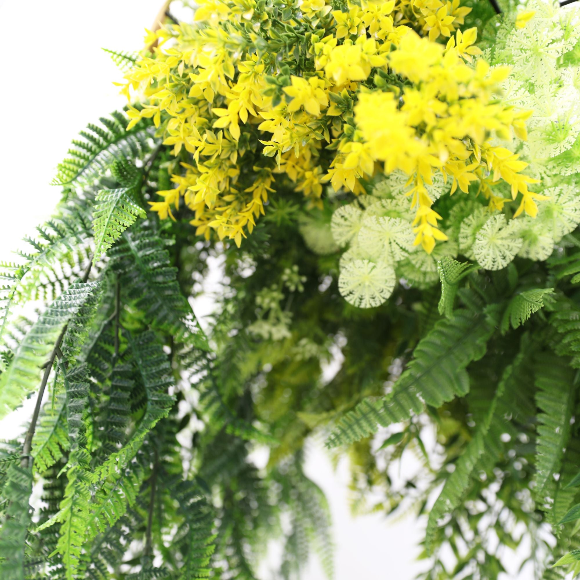 Gold Framed Roof Hanging Disc With Draping Life-Like Ferns and Plants 31.5" UV Resistant