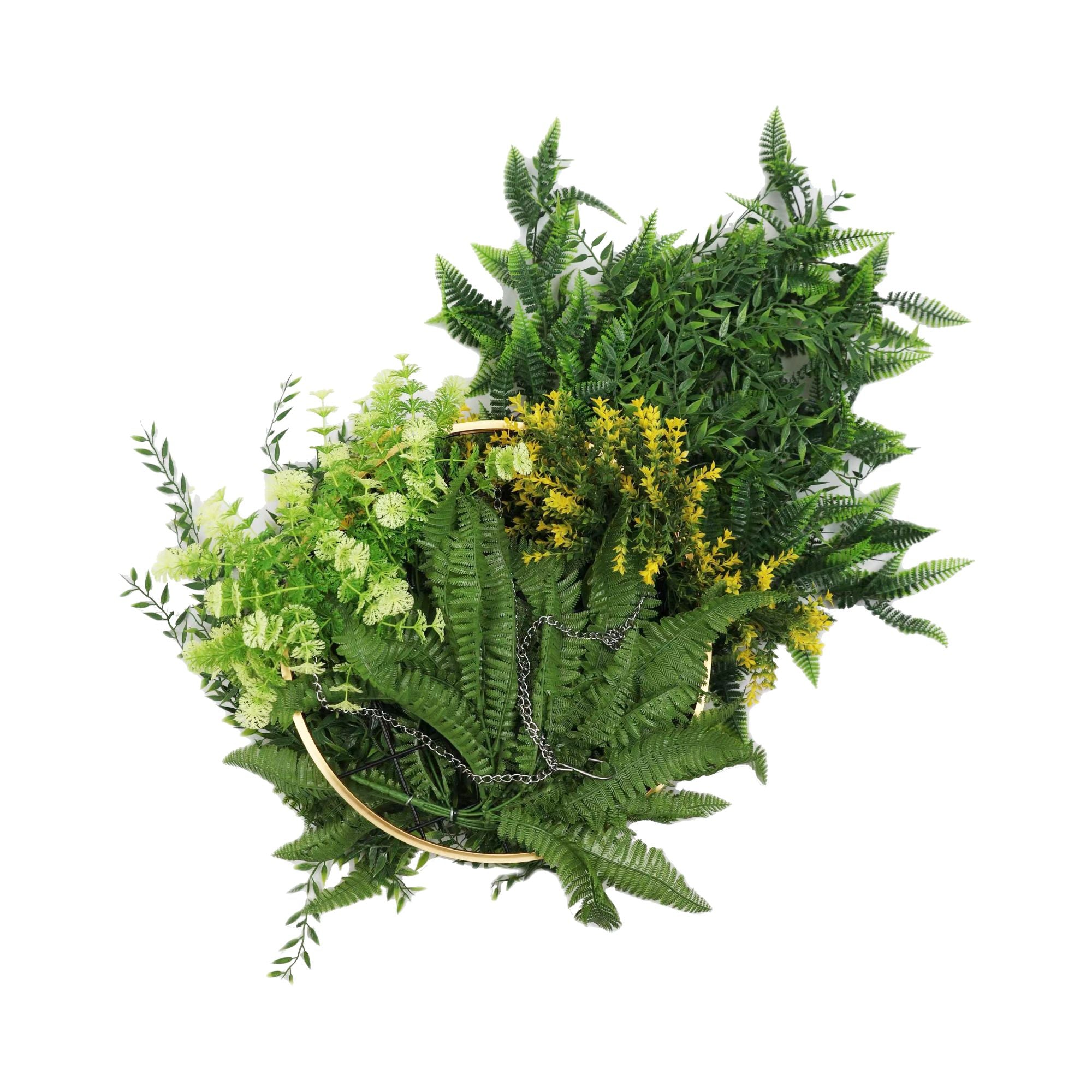 Gold Framed Roof Hanging Disc With Draping Life-Like Ferns and Plants 31.5" UV Resistant