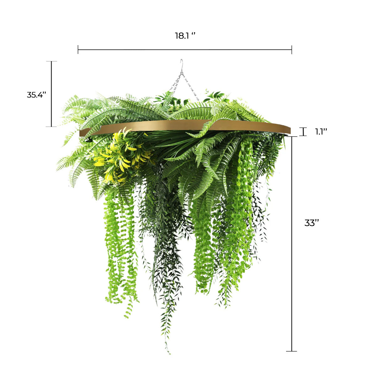 Gold Framed Roof Hanging Disc With Draping Life-Like Ferns and Plants 31.5" UV Resistant