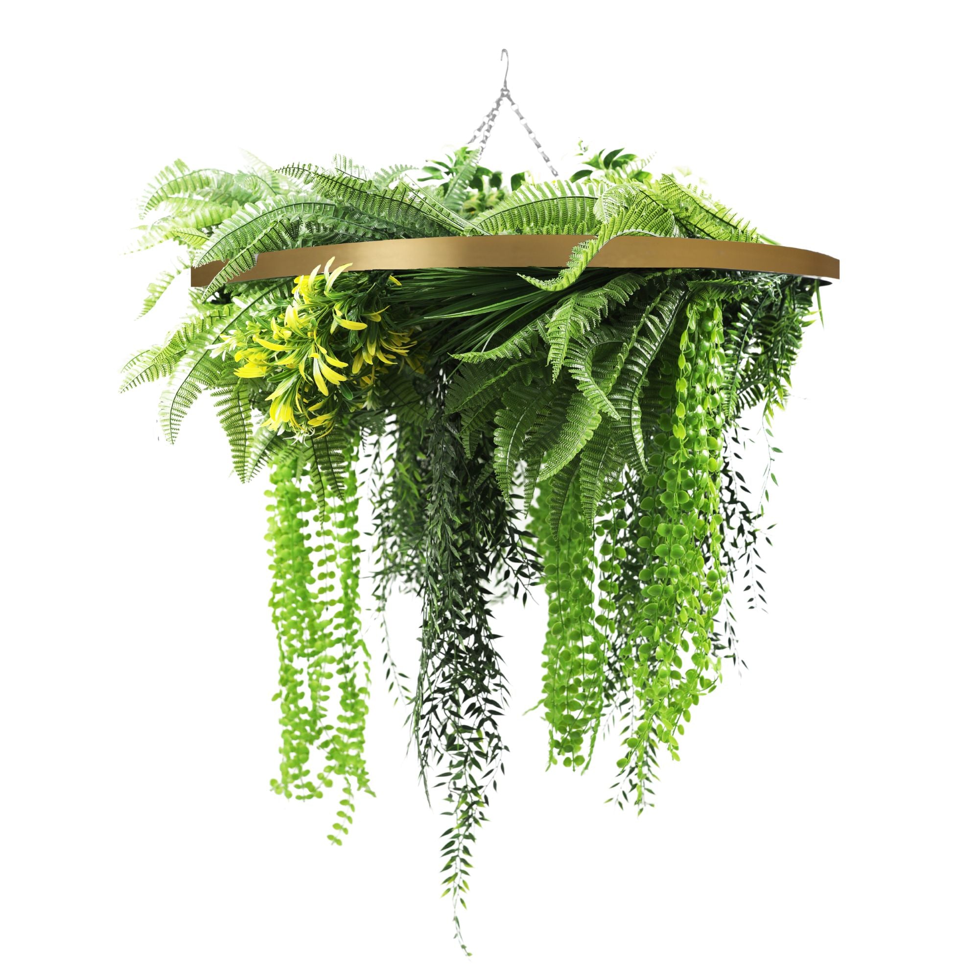 Gold Framed Roof Hanging Disc With Draping Life-Like Ferns and Plants 31.5" UV Resistant