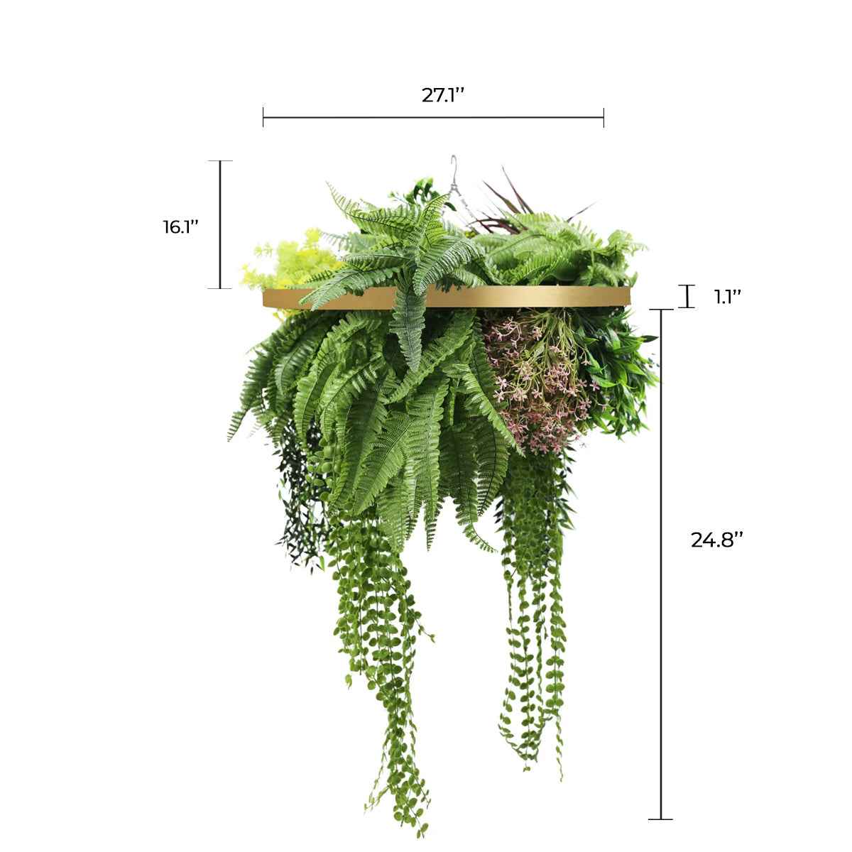 Gold Framed Roof Hanging Disc With Tropical Foliage Mix and Draping Stems 23.5" UV Resistant