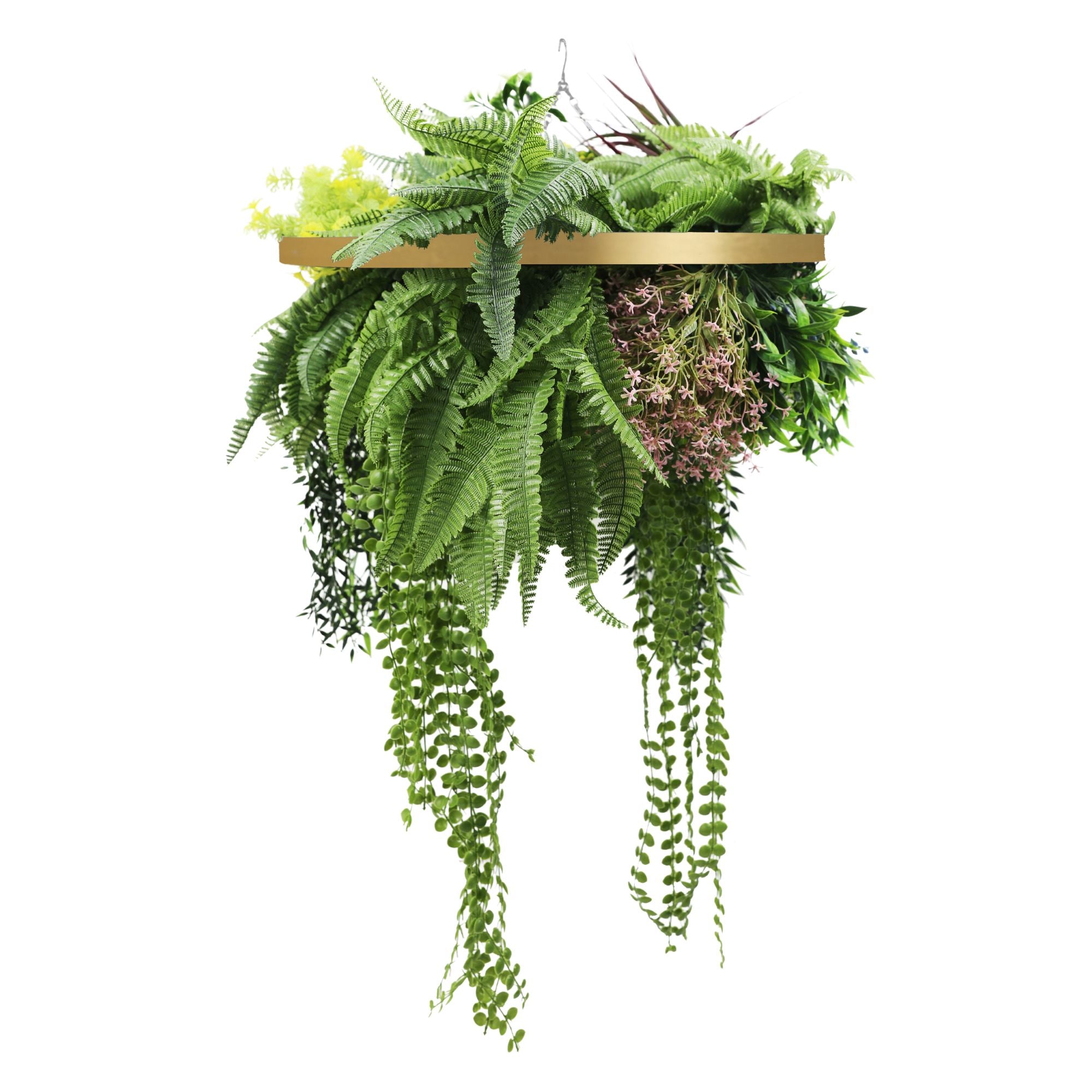 Gold Framed Roof Hanging Disc With Tropical Foliage Mix and Draping Stems 23.5" UV Resistant