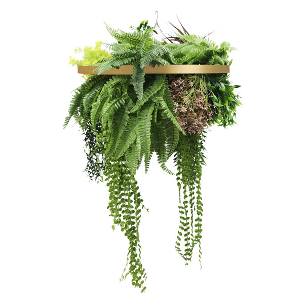 Gold Framed Roof Hanging Disc With Tropical Foliage Mix and Draping Stems 23.5" UV Resistant