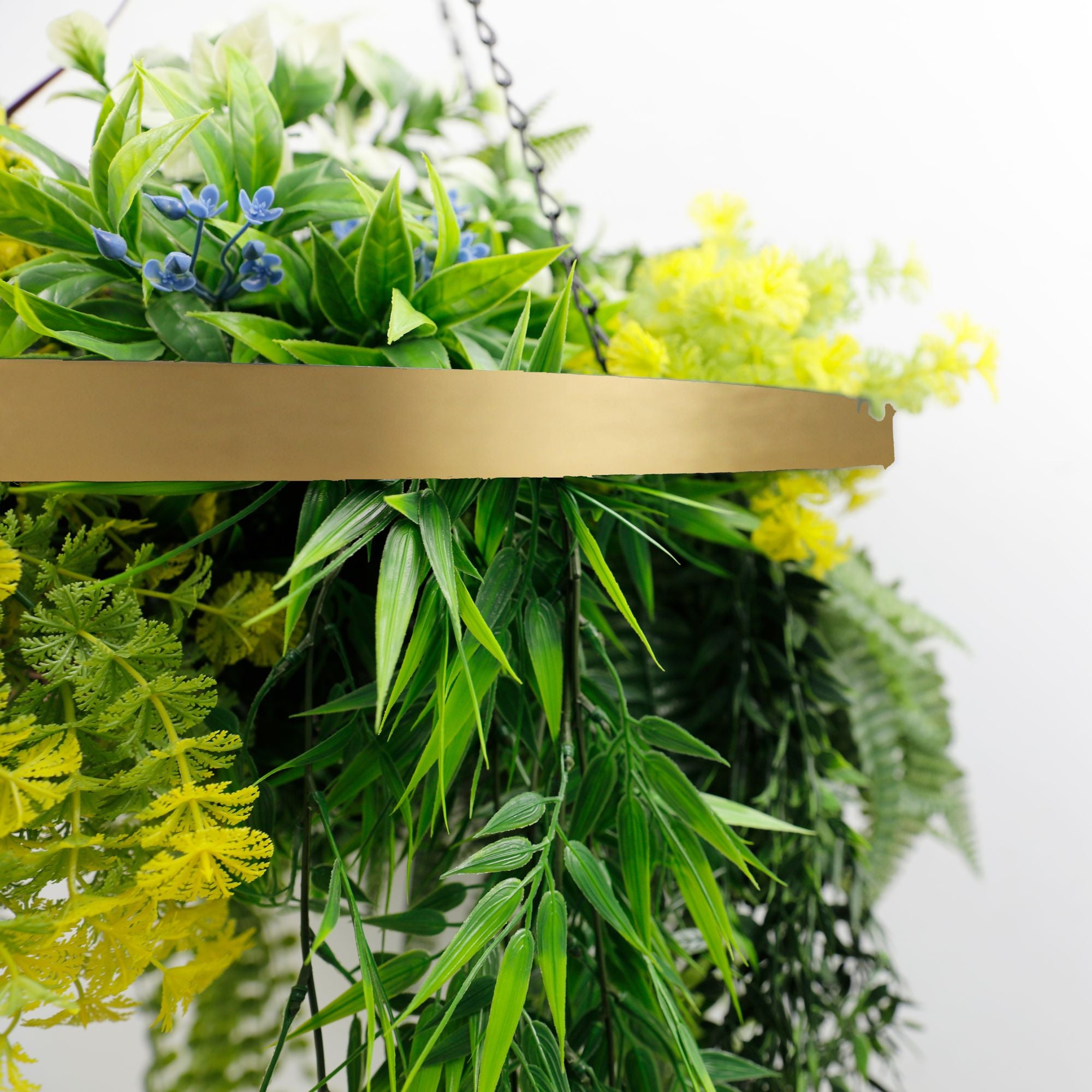 Gold Framed Roof Hanging Disc With Tropical Foliage Mix and Draping Stems 23.5" UV Resistant