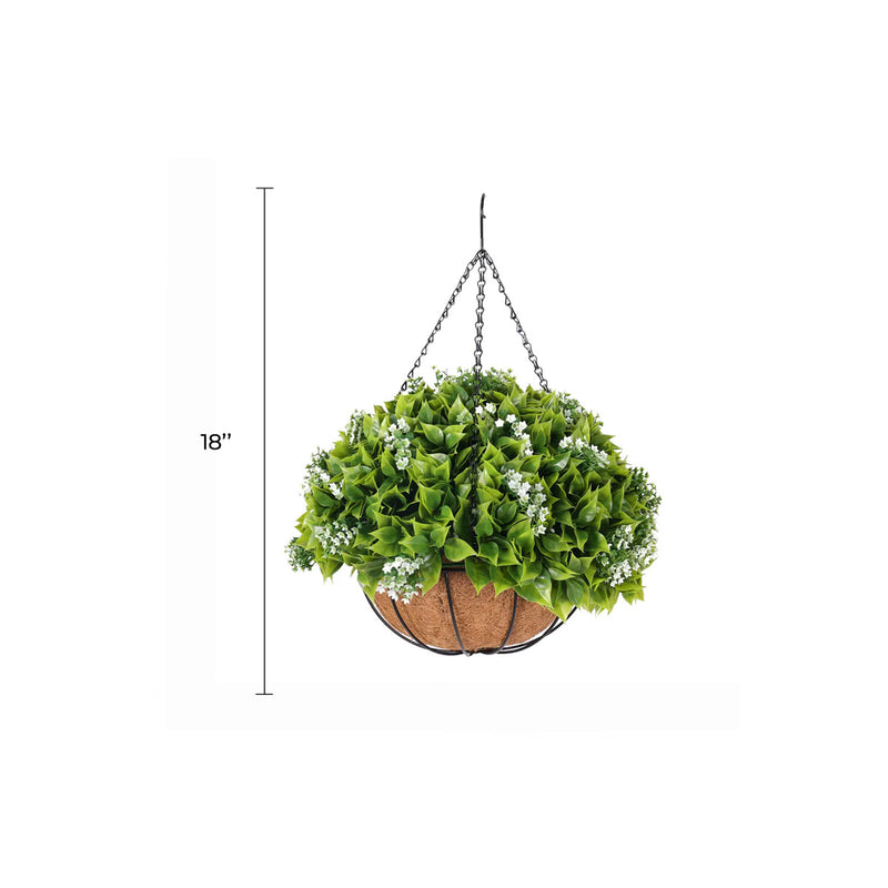 Hanging Artificial Wide Leaf Buxus Flowering Basket 18" UV Resistant