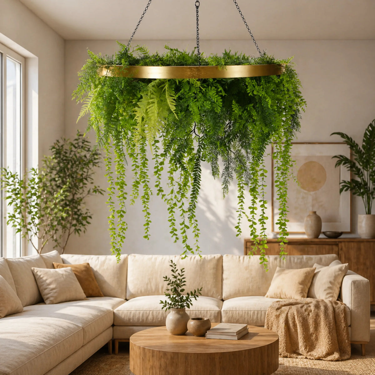 Imitation gold artificial hanging green wall disc with lush trailing foliage styled above a modern neutral-toned living room with natural décor accents.