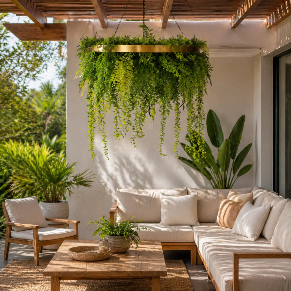Outdoor entertaining area featuring a limited edition imitation gold hanging plant disc with cascading UV resistant artificial greenery above timber lounge furniture.