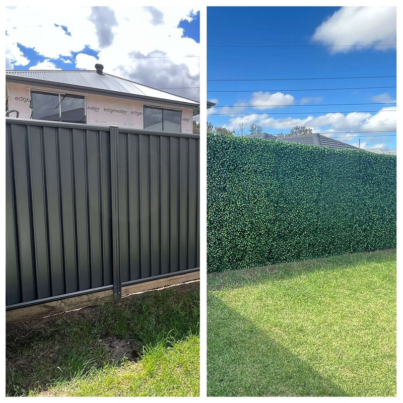 Two pictures showcasing the instant beauty of the Jasmine Artificial Green Wall 40" x 40" 11SQFT Commercial Grade UV Resistant in a backyard, framed by a fence and bushes.