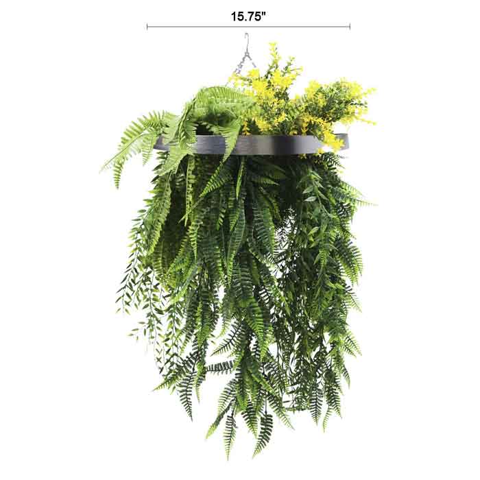 Silver Framed Roof Hanging Disc With Bright Tropical Foliage Mix and Draping Ferns 15.75" UV Resistant