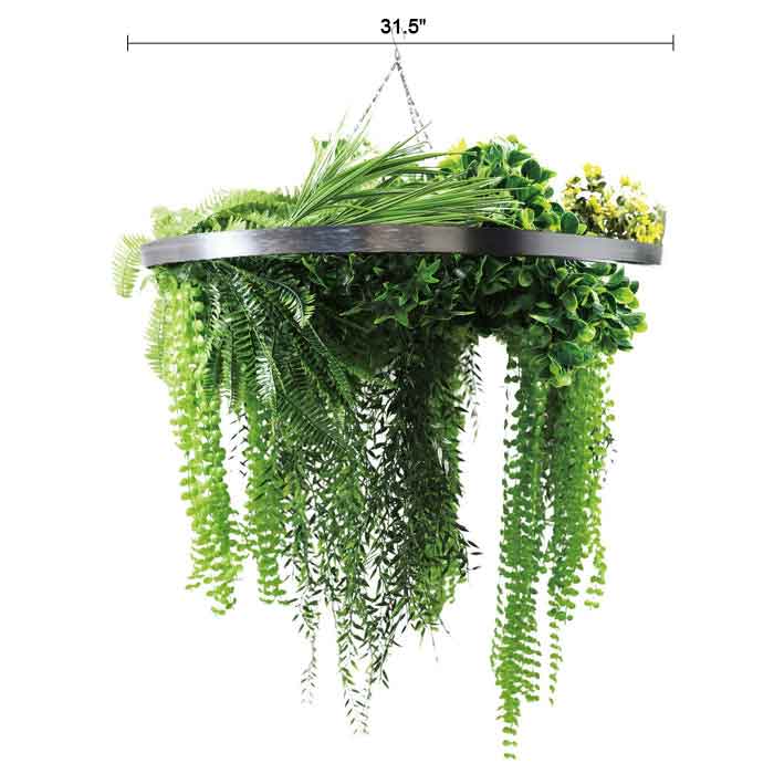 Silver Framed Roof Hanging Disc With Draping Life-Like Ferns and Plants 31.5" UV Resistant